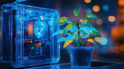 Poster - A glowing computer case next to a vibrant potted plant in a colorful environment.