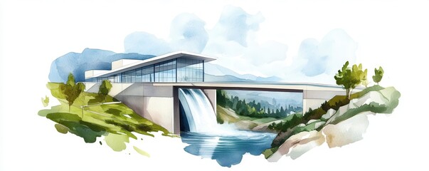 Wall Mural - Advanced hydropower system with a futuristic design seamlessly integrated into nature