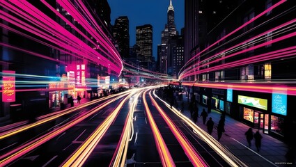 Poster - Dynamic Cityscape with Neon Lights and Traffic Motion Blur Representing Urban Energy and Modern Lifestyle