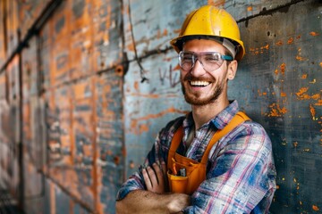 A male construction worker in a hard hat and safety glasses at a construction site. Construction of a multi-storey building. 