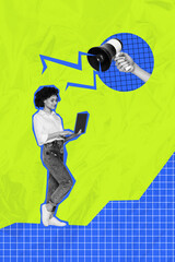 Poster - Vertical poster collage young businesswoman loudspeaker announce proclaim information laptop digital device manager checkered background