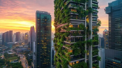 A vibrant urban skyline at sunset featuring a green building amidst city architecture.