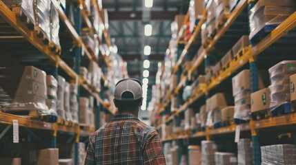 Staff member organizing products on shelves in a well-lit warehouse during a busy afternoon shift