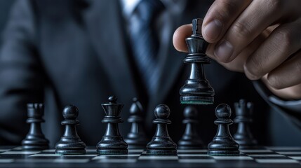 Businessman Strategically Controlling a Chess Game Illustrating Strategic Decision-Making in Business Environments