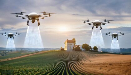 drones are used to fertilize crops growing on futuristic agricultural landscape