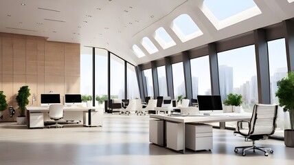 Poster - Spacious and bright modern office space with large windows and contemporary furniture for a productive work environment