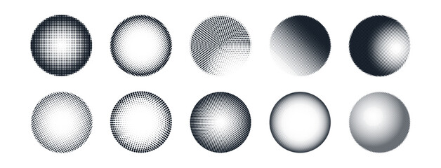 Poster - Set of retro halftone grunge spheres. Monochrome dot circles. Gradient abstract texture shapes. Logo with grain noise effect Vector illustration
