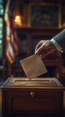 Wall Mural - Person in formal attire is placing a ballot into a wooden voting box, with an American flag in the background