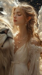 Wall Mural - Young woman with curly hair in a flowing dress stands next to a large, majestic lion, both appearing serene