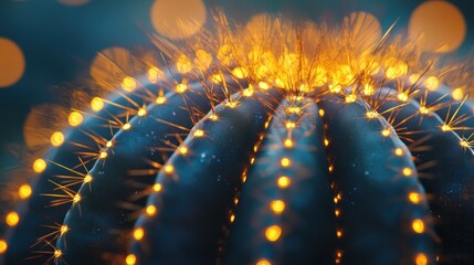 Wall Mural - A close-up of a cactus with glowing spines against a blurred background.