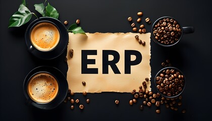 Wall Mural - Beverage and Business: ERP Insights on Paper with Coffee against a Dark Backdrop