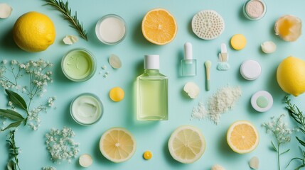 Wall Mural - Fresh citrus and natural skincare products arranged on a mint background, featuring lemons, herbs, and various containers at midday