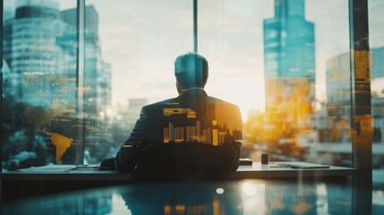 Poster - A silhouette of a businessman gazes out at a city skyline during sunset, symbolizing ambition.