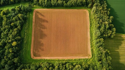 Wall Mural - Aerial view of a rectangular land plot highlighted with red boundary lines, with open fields surrounding it. Copy space available