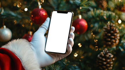 Santa is holding a phone with a blank screen in his hand. A mockup of a stylish modern phone on the background of a green Christmas tree with cones and balloons. Happy New Year