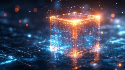 Fototapete - Glowing, futuristic cube with bright, colorful lights, floating above a dark, digital, grid-like surface