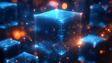 Fototapete - Showcases glowing blue cubes floating in a space-like environment, surrounded by bright orange and yellow light particles