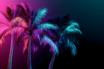 Neon silhouettes of tropical palm trees isotated on black background.