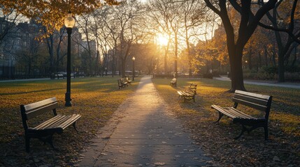 Sticker - A serene park scene at sunset with benches, trees, and fallen leaves.