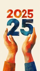 Fototapete - Two hands are holding the number 25, and the year 2025 is displayed above in red and orange colors