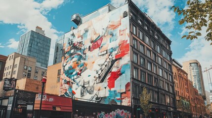 Wall Mural - Vibrant street art adorns a building, showcasing abstract designs and colors.