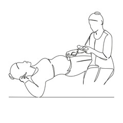 One continuous single drawing line art flat doodle doctor examines pregnant woman, listens to fetus, medical equipment. Isolated image hand draw contour on a white background
