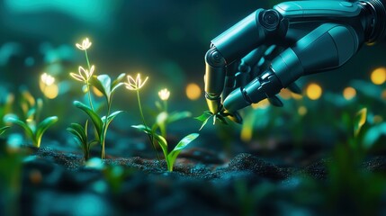 Poster - A robotic hand nurturing small plants in a vibrant, illuminated environment.