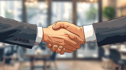 Wall Mural - Close-up of a handshake between two business partners sealing a deal with a blurred office background cartoon Vector Illustration