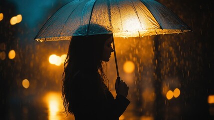 Wall Mural - A silhouette of a woman under an umbrella in the rain, illuminated by warm street lights.