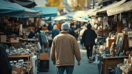 Poster - A bustling market scene with people browsing various goods and antiques.