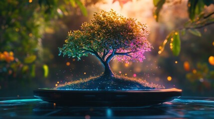 Wall Mural - A vibrant bonsai tree glows with colorful lights, symbolizing nature's beauty and serenity.