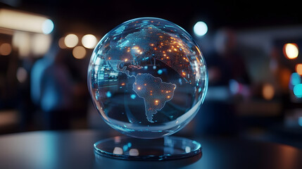 Poster - a holographic globe displays a live feed of global events.