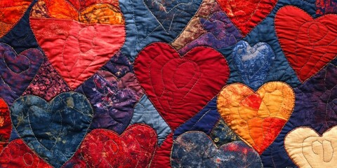 Patchwork quilt with hearts of various colors.