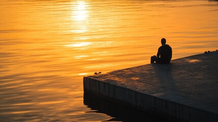 Sticker - A solitary figure sits on a pier, reflecting on the serene sunset over calm waters.