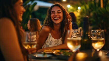 Poster - A joyful gathering of friends enjoying dinner and drinks outdoors at night.