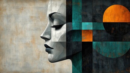 Wall Mural - Abstract portrait blending geometric shapes and human features.