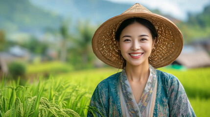 A woman in straw hat smiles brightly in lush green rice field, showcasing beauty of rural life and agriculture. vibrant landscape adds to serene atmosphere.