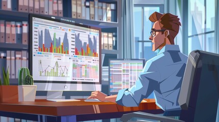 Wall Mural - Business analyst reviewing financial reports and charts on a large computer monitor cartoon Vector Illustration