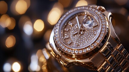 Sticker - A luxurious gold watch adorned with diamonds, showcasing elegance and sophistication.