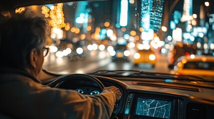 A driver navigating through a city at night, illuminated by bright lights and traffic.