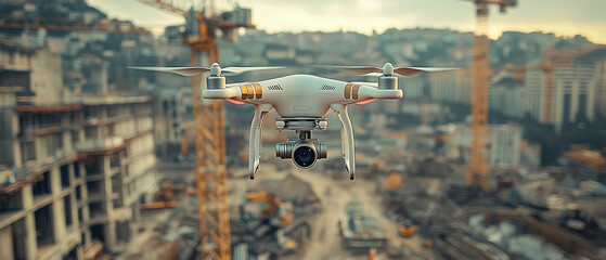 Wall Mural - A drone is flying over a city with tall buildings. The drone is white and has a camera attached to it. Concept of technology and modernity, as well as the idea of surveillance and monitoring