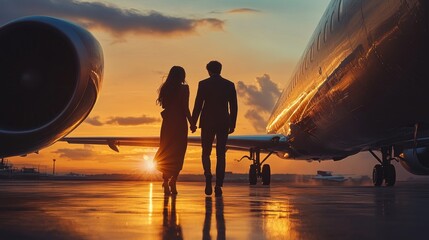 Sticker - A couple walks hand in hand near airplanes at sunset, creating a romantic travel atmosphere.