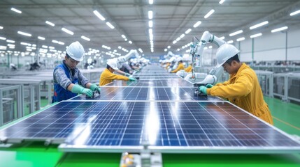 Workers in modern solar panel manufacturing plant, men in protective gear, assembly line, industrial technology, renewable energy concept