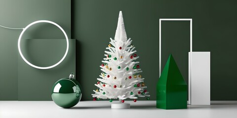 minimalist Christmas scene featuring two white Christmas trees decorated with red and gold ornaments. The trees are set against a green background with geometric shapes.