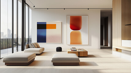 Poster - Sleek, minimalist interiors with a focus on functionality, light wood, and neutral tones, paired with bold, modern art. Modern Scandinavian interior design concept 