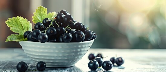 Wall Mural - Bowl of fresh black currants placed on a bright table with ample space for adding text on the image