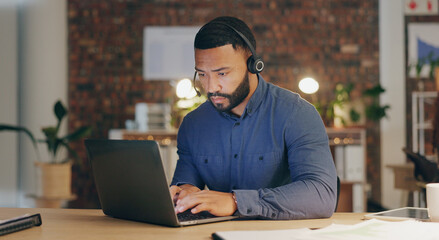 Aufkleber - Man, typing and headset in office for call center, contact us and customer service with sales. Agent, laptop and microphone in workplace for communication, lead generation or technical support