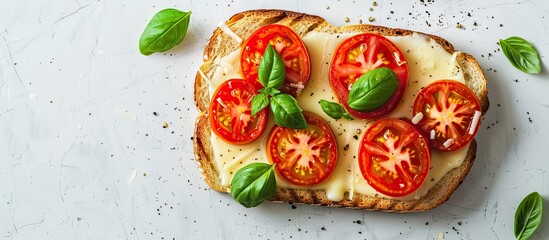 Sticker - Top down view of melted cheese tomatoes and basil on toast set on a white tile surface with copy space image