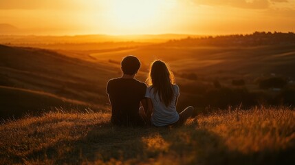 Poster - A couple enjoying a sunset view over rolling hills, symbolizing connection and tranquility.