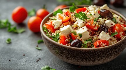 Poster - banner featuring tasty quinoa salad with feta cheese and olives, embodying mediterranean cuisine aesthetic